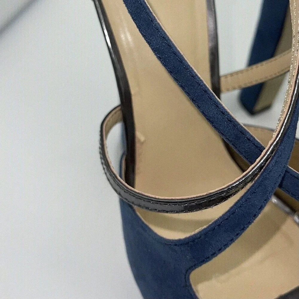 Scene “Marylou” Platform Wedge 5” Heels Blue Suede w/ Silver Accents 7M Open Toe